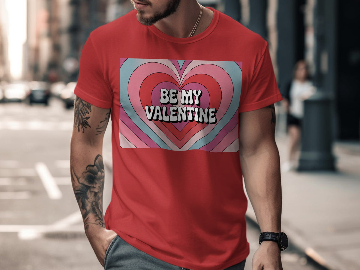 Red t-shirt with "Be My Valentine" text in a heart design.